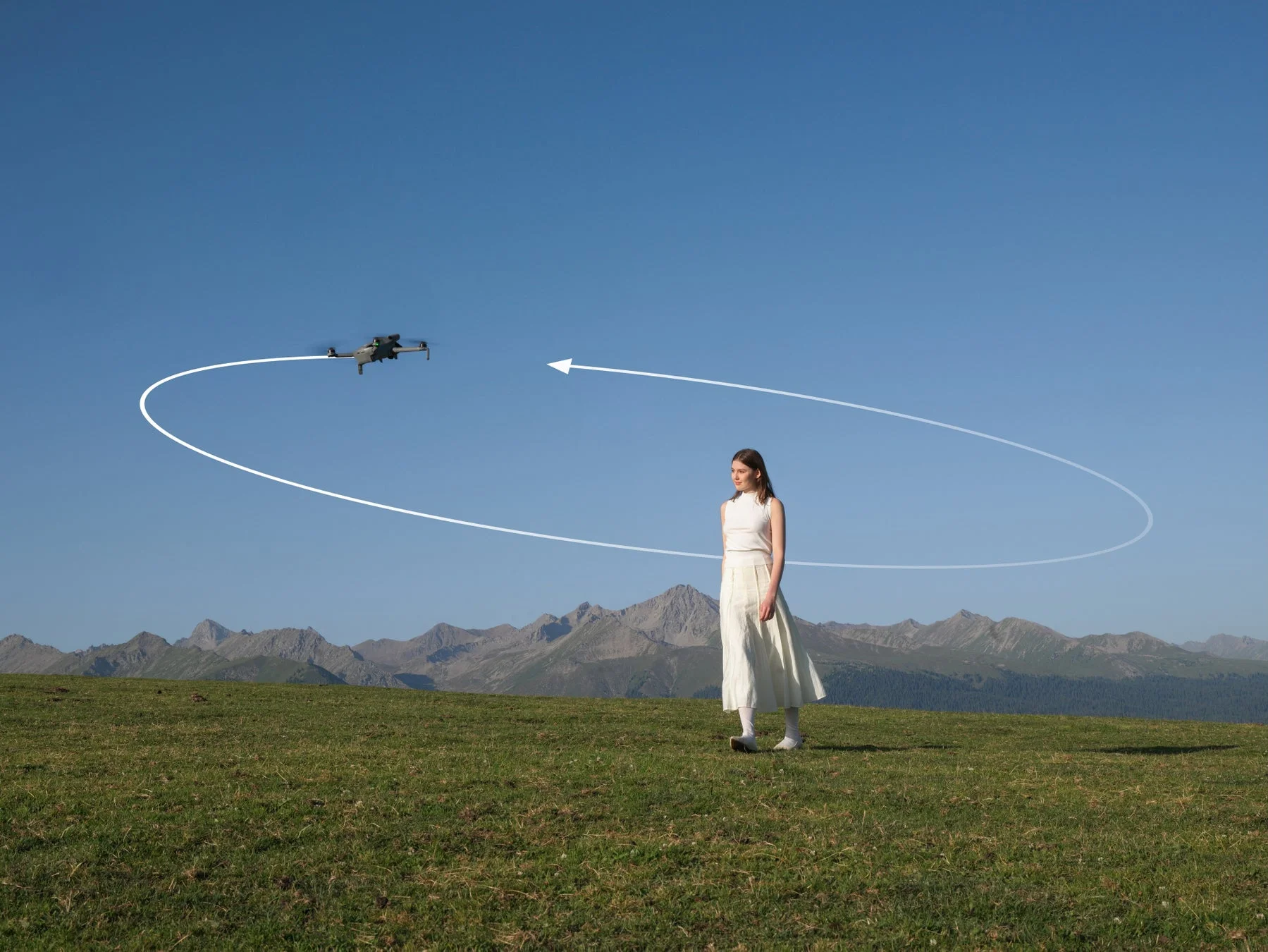 DJI Mini 5 Proドローンが円を描きながら人物を追跡