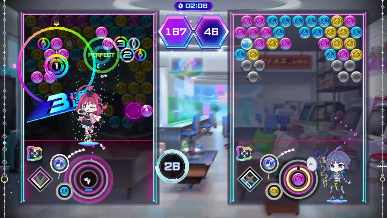 『QQQbeats!!!』の対戦パズルゲームプレイ画面
