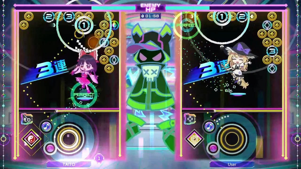 『QQQbeats!!!』東方Projectキャラクターによる対戦プレイ画面