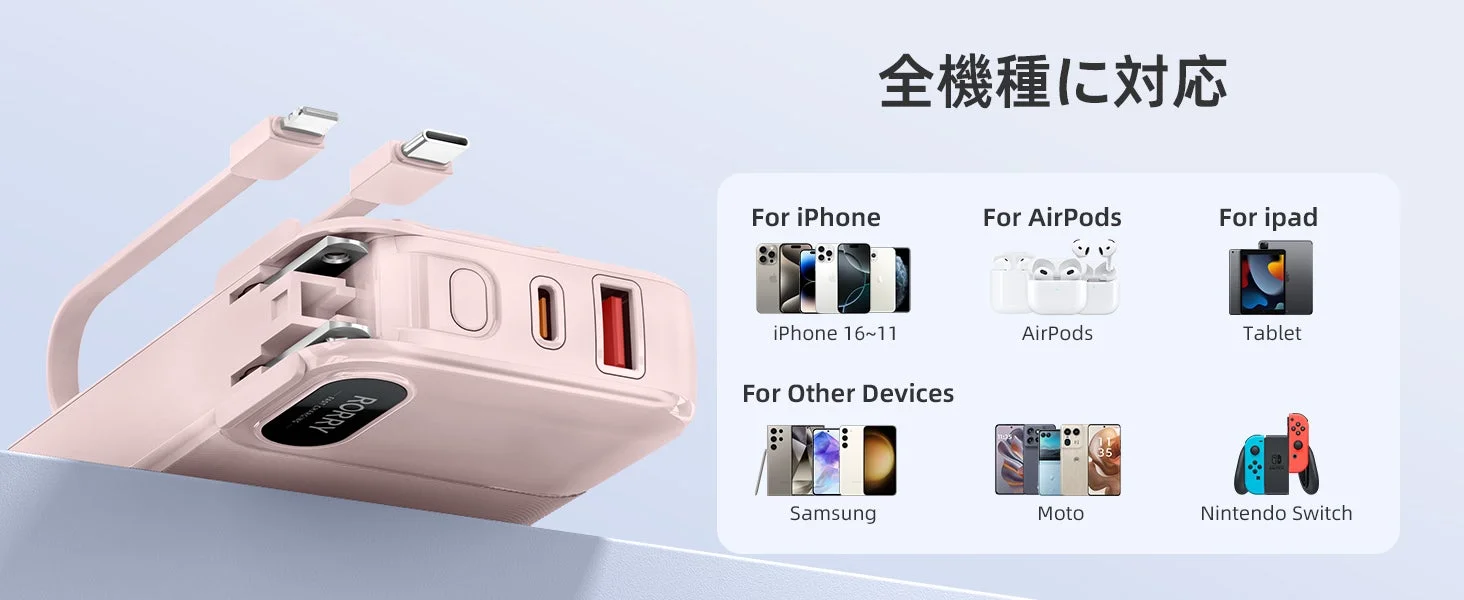 RORRY CB06がiPhone, iPad, Nintendo Switchなど全機種に対応することを示す画像