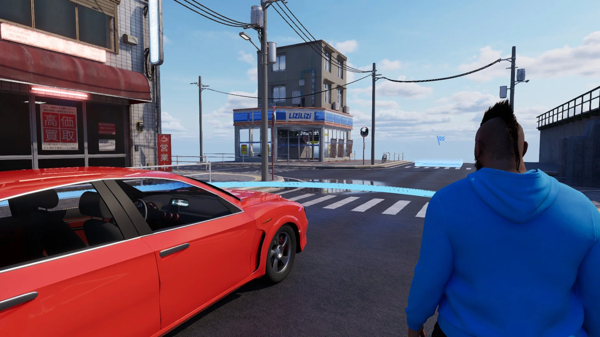 街中のステージで車とキャラクターが駐車スペースに向かうゲームプレイ画面
