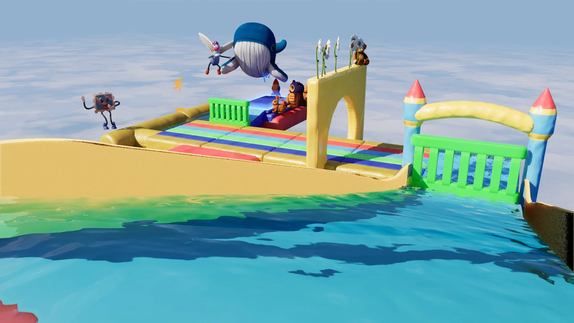 遊園地のような水辺のステージで車が宙を舞うゲームプレイ画面
