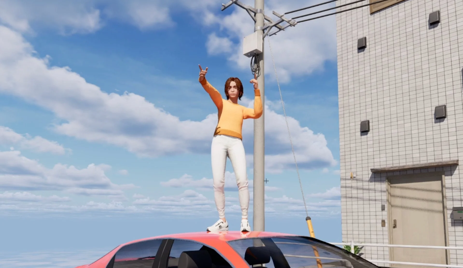車の上でジェスチャーエモートを行う女性キャラクター