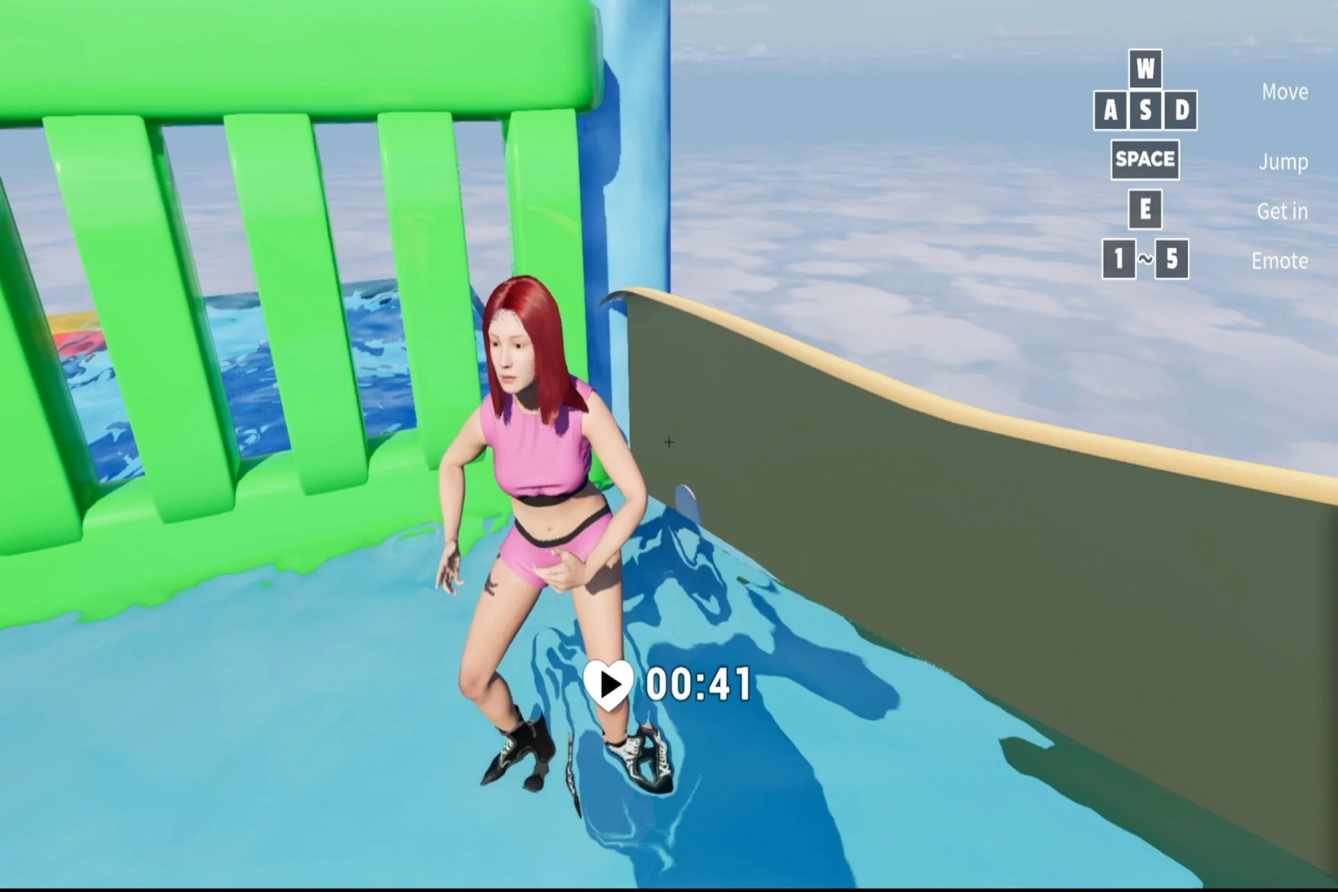 操作UIと共にジェスチャーエモートを行う女性キャラクターのゲームプレイ画面