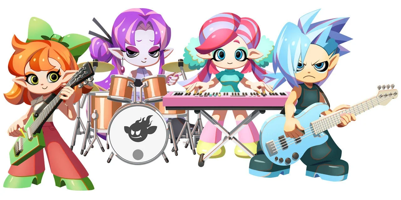 激奏!BAND STARのバンドメンバーキャラクターイラスト。ギター、ドラム、キーボード、ベース。