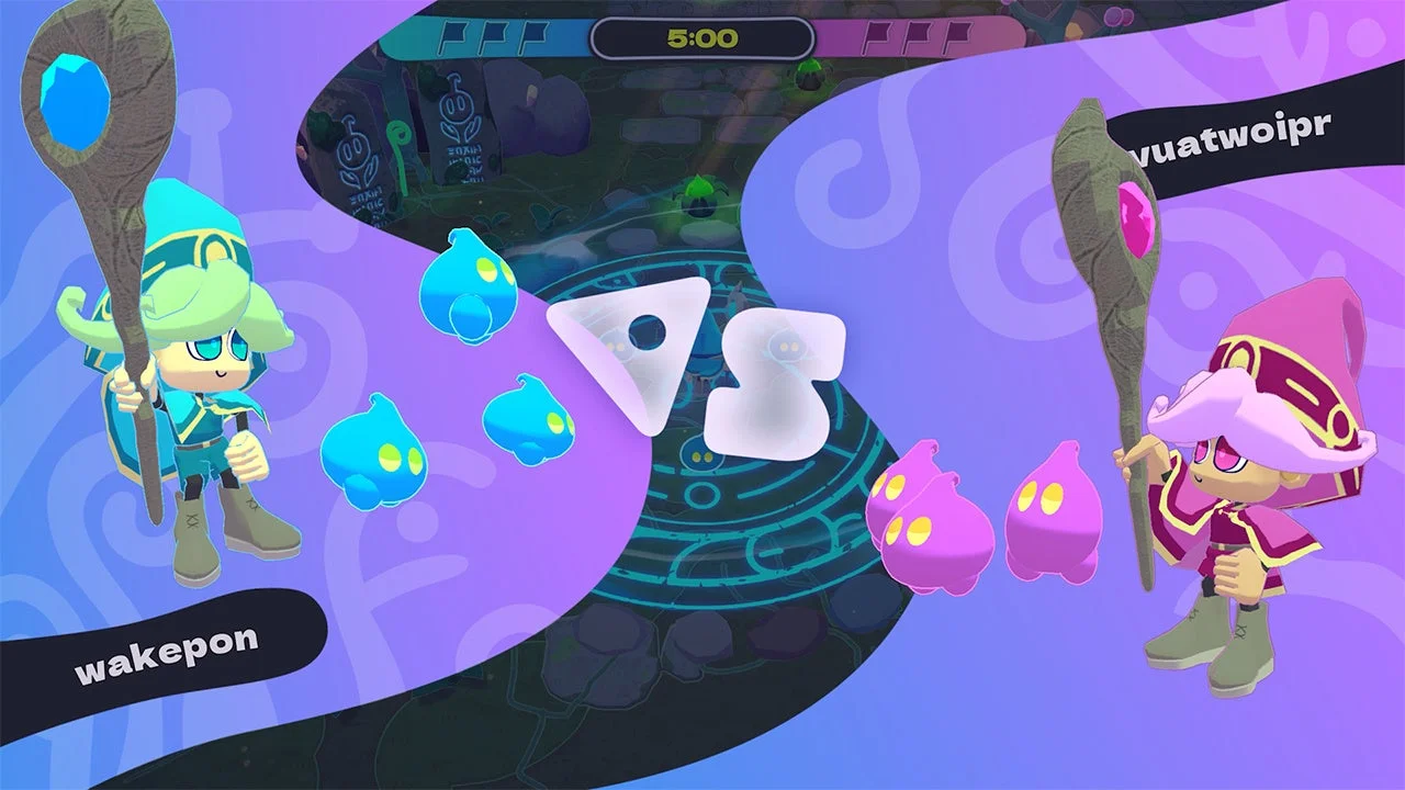 『Jelly Troops』の対戦開始画面、2人のプレイヤーキャラクターとスライム