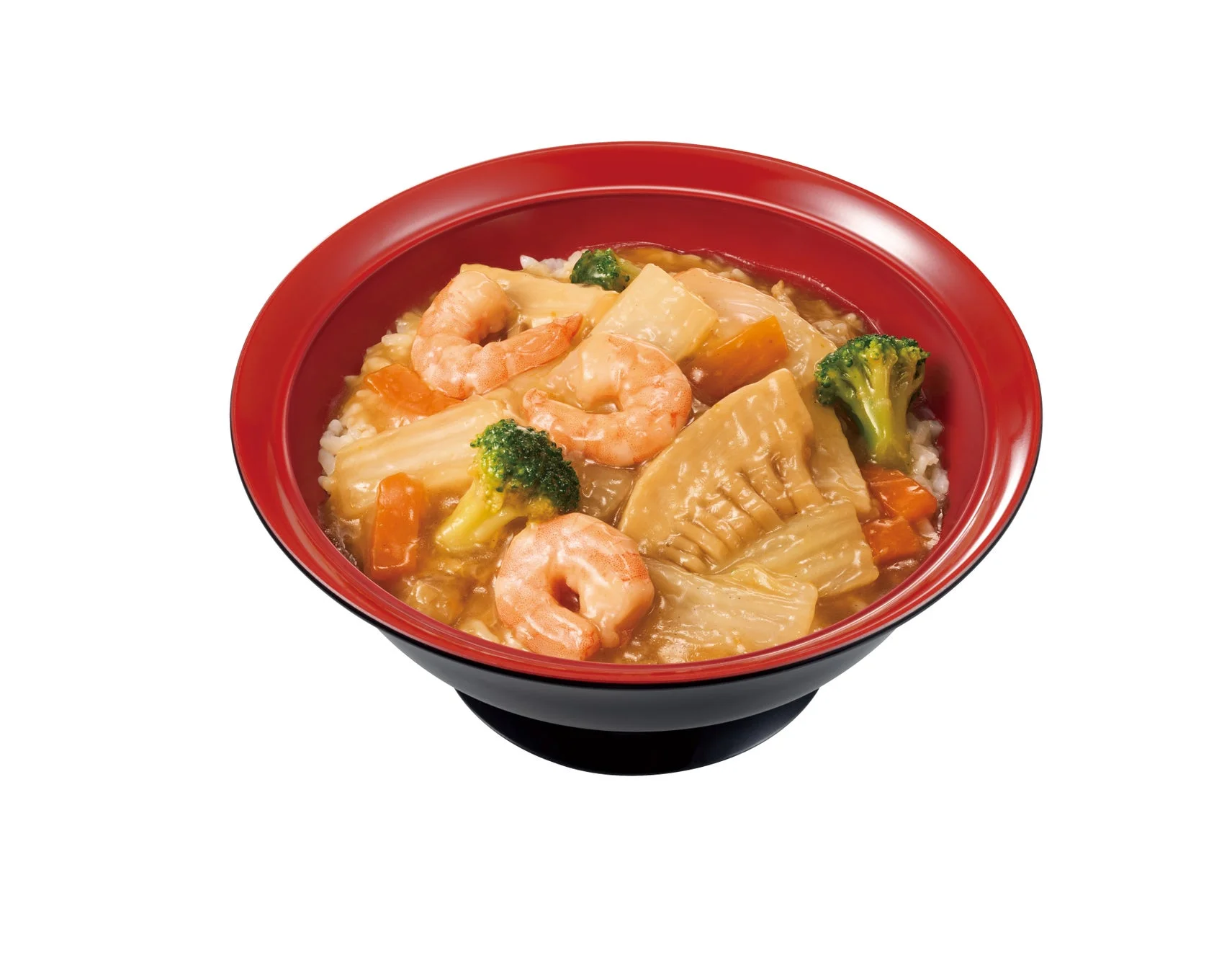 すき家のエビ中華丼(並盛)の具材がよくわかる写真。