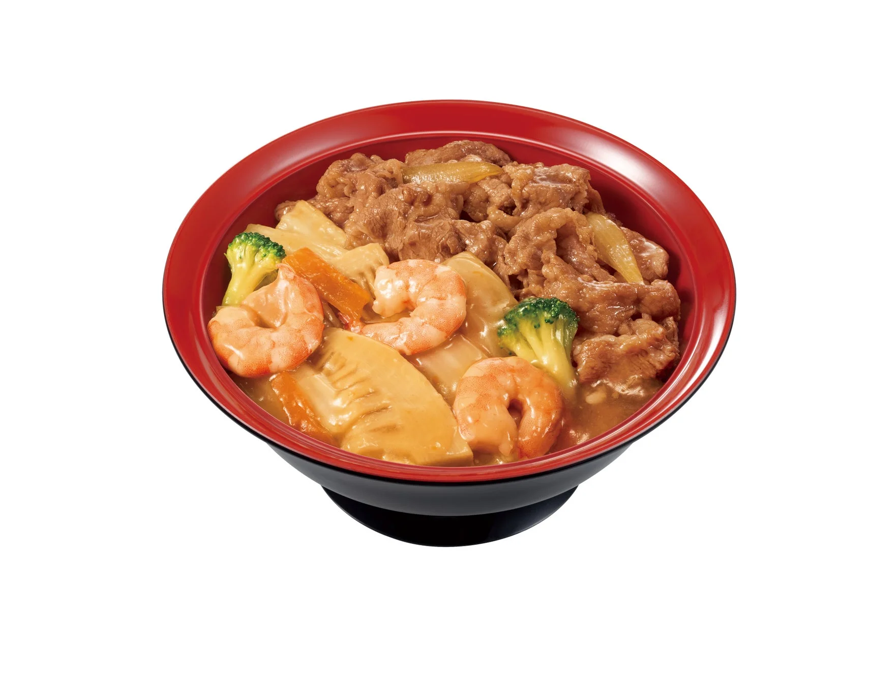 すき家の牛あいがけエビ中華丼。中華あんと牛肉の組み合わせ。