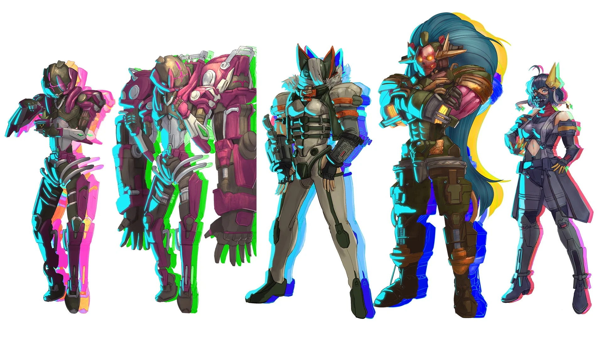 『UNYIELDER』の5体のプレイアブルキャラクターの全身イラスト