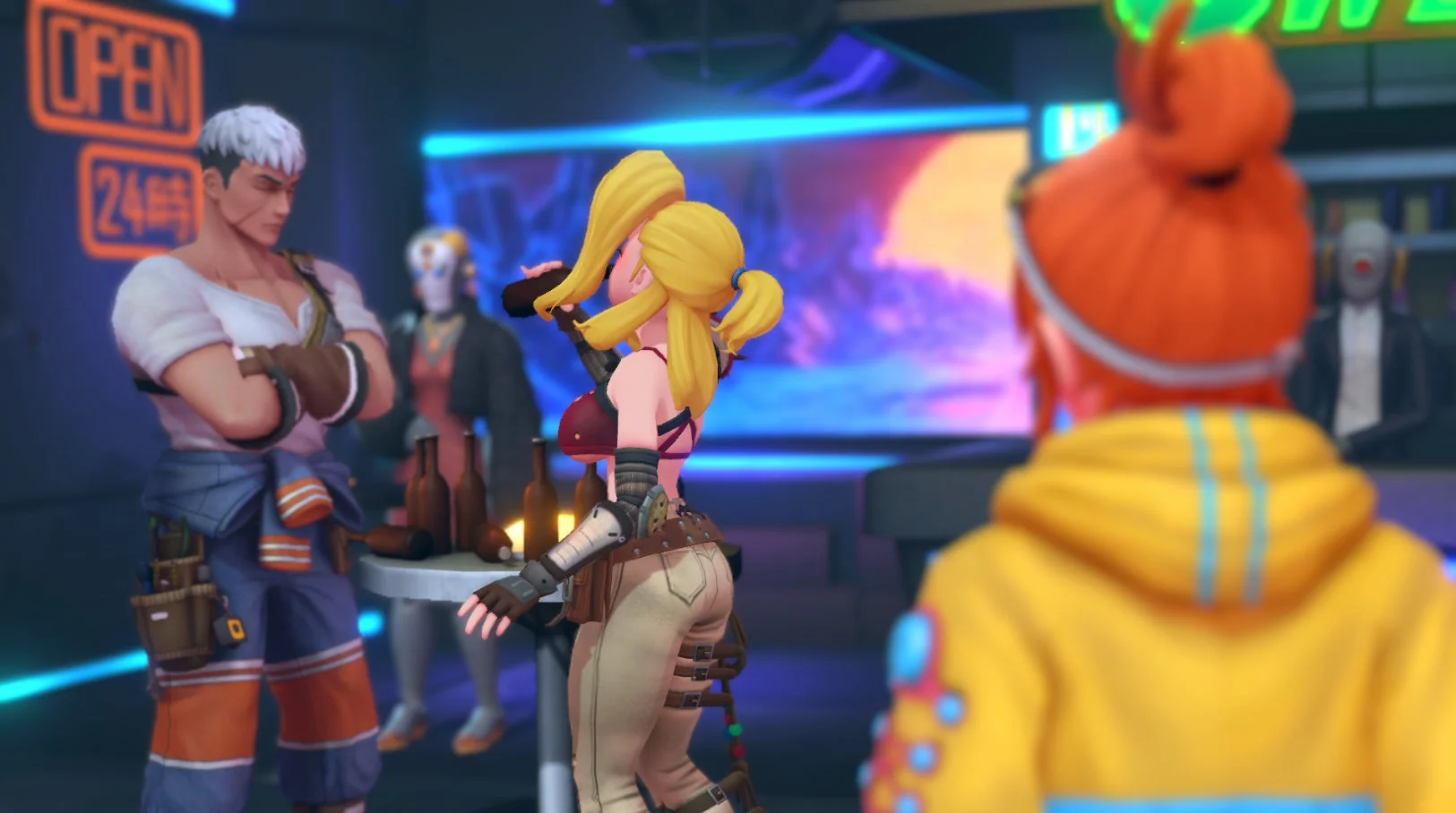 ゲームのプレイ画面。バーで会話するキャラクターたち
