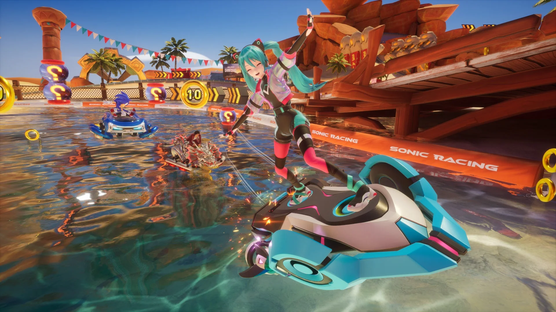 初音ミクが水上コースをレーシングするゲーム画面