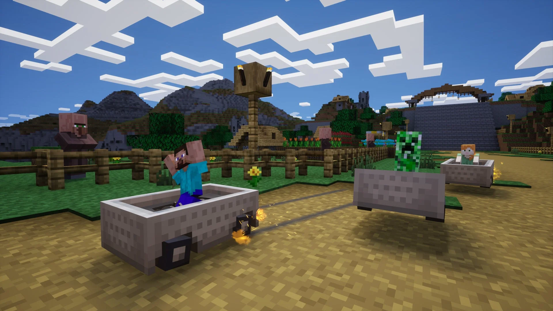 マインクラフトのキャラクターがトロッコでレースするゲーム画面