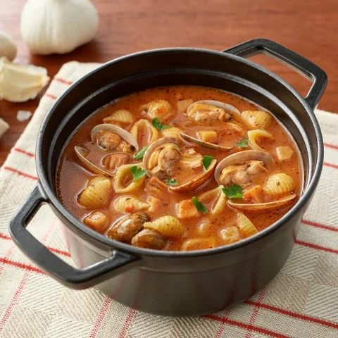 無印良品「煮込んでつくるスープパスタの素 魚介のトマトガーリック」調理イメージ