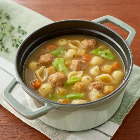 無印良品「煮込んでつくるスープパスタの素 香味野菜とポルペッテ」調理イメージ