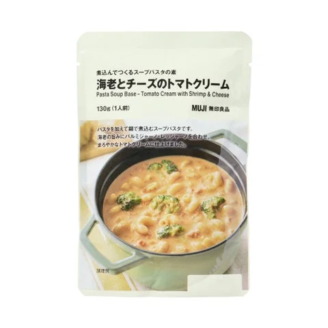 無印良品「煮込んでつくるスープパスタの素 海老とチーズのトマトクリーム」パッケージ