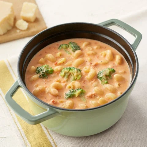 無印良品「煮込んでつくるスープパスタの素 海老とチーズのトマトクリーム」調理イメージ