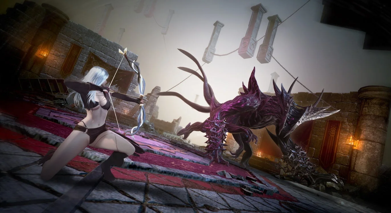 女性弓使いが巨大なモンスターと戦うゲームプレイ画面