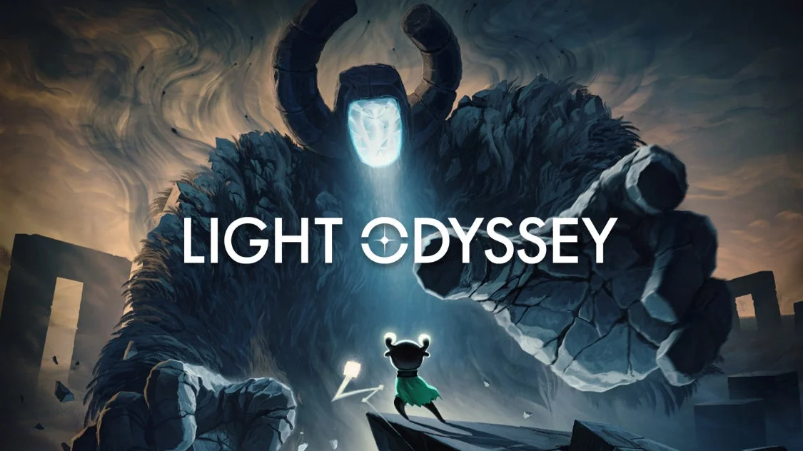 「Light Odyssey」のタイトルロゴと巨像に立ち向かう主人公