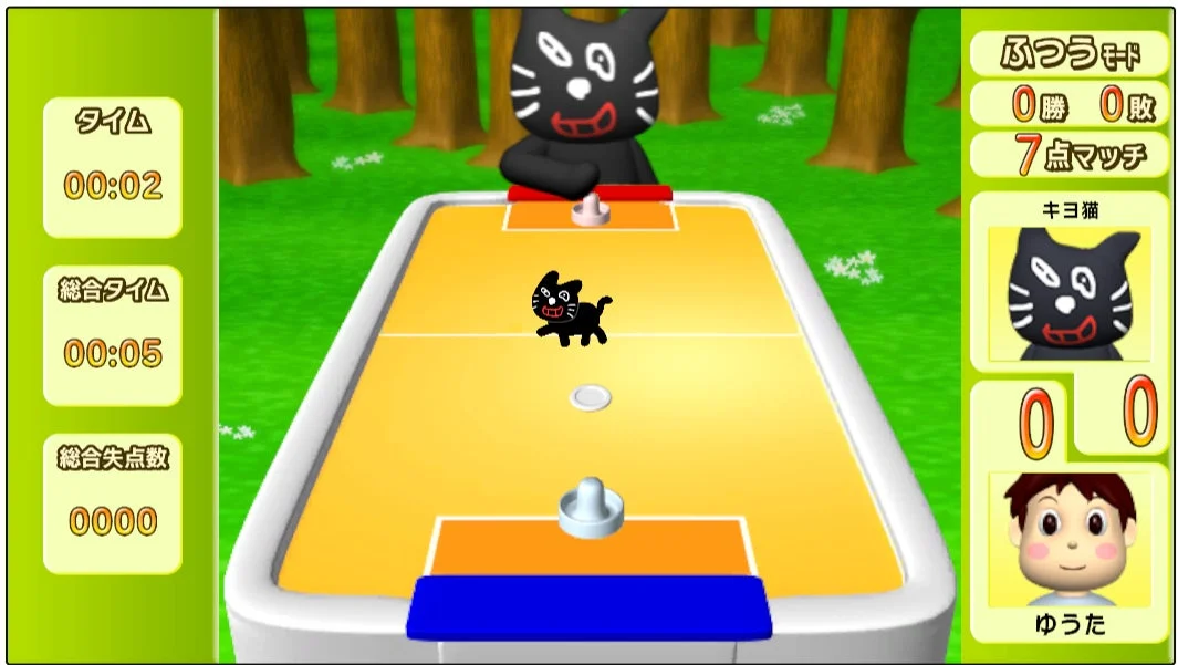 ラスボスのキヨ猫と対戦し、キヨ猫ぬいぐるみが障害物となるゲーム画面