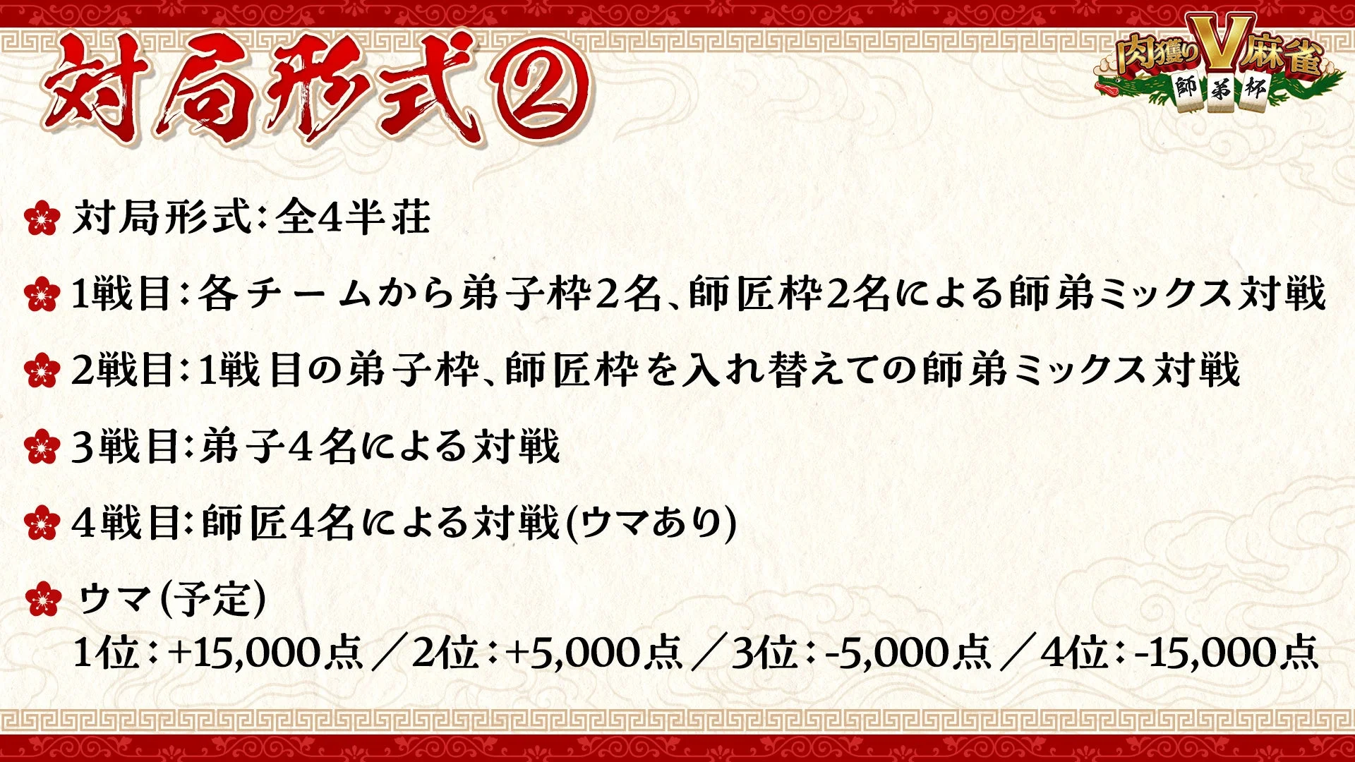 「肉獲りV麻雀～師弟杯～」対局形式②とウマの予定