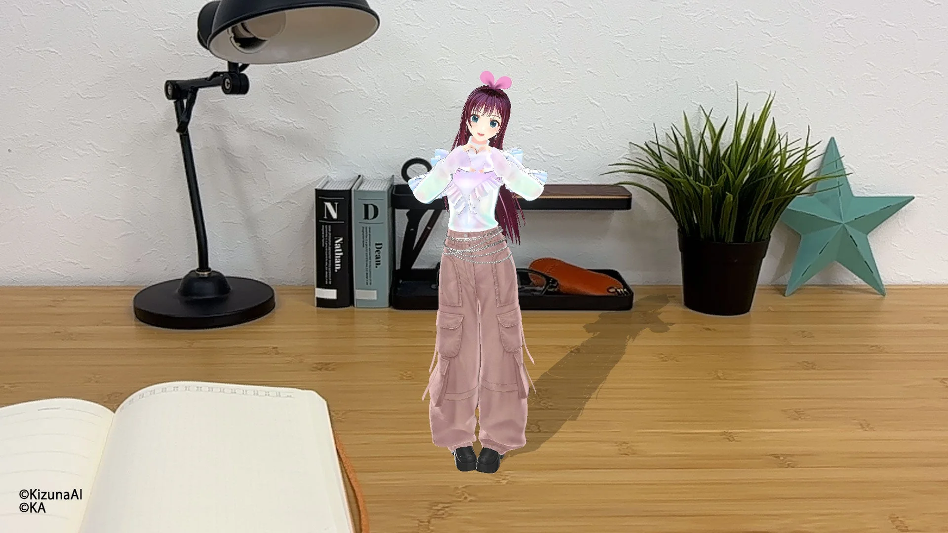 AR機能で机の上に表示されたKizunaAI（Vintage Work衣装）