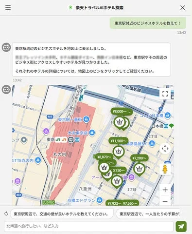 楽天トラベルAIホテル探索による地図上の宿検索結果