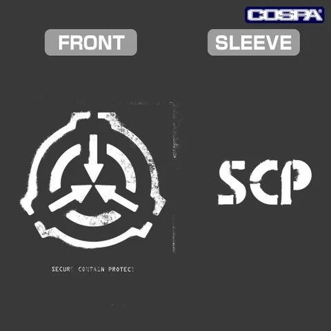 SCP財団 ステンシルロゴTシャツ（SUMI）のフロントと袖のロゴデザイン