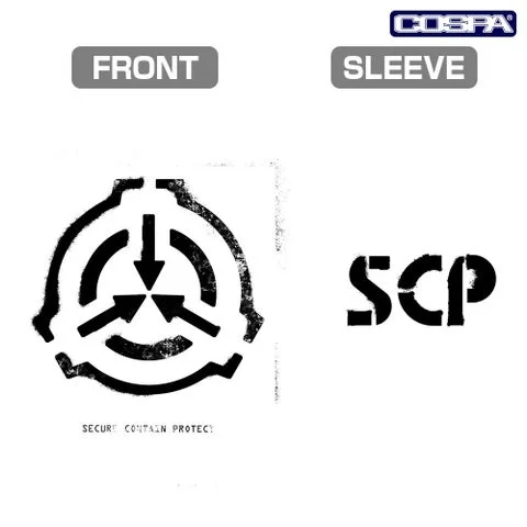 SCP財団 ステンシルロゴTシャツ（WHITE）のフロントと袖のロゴデザイン