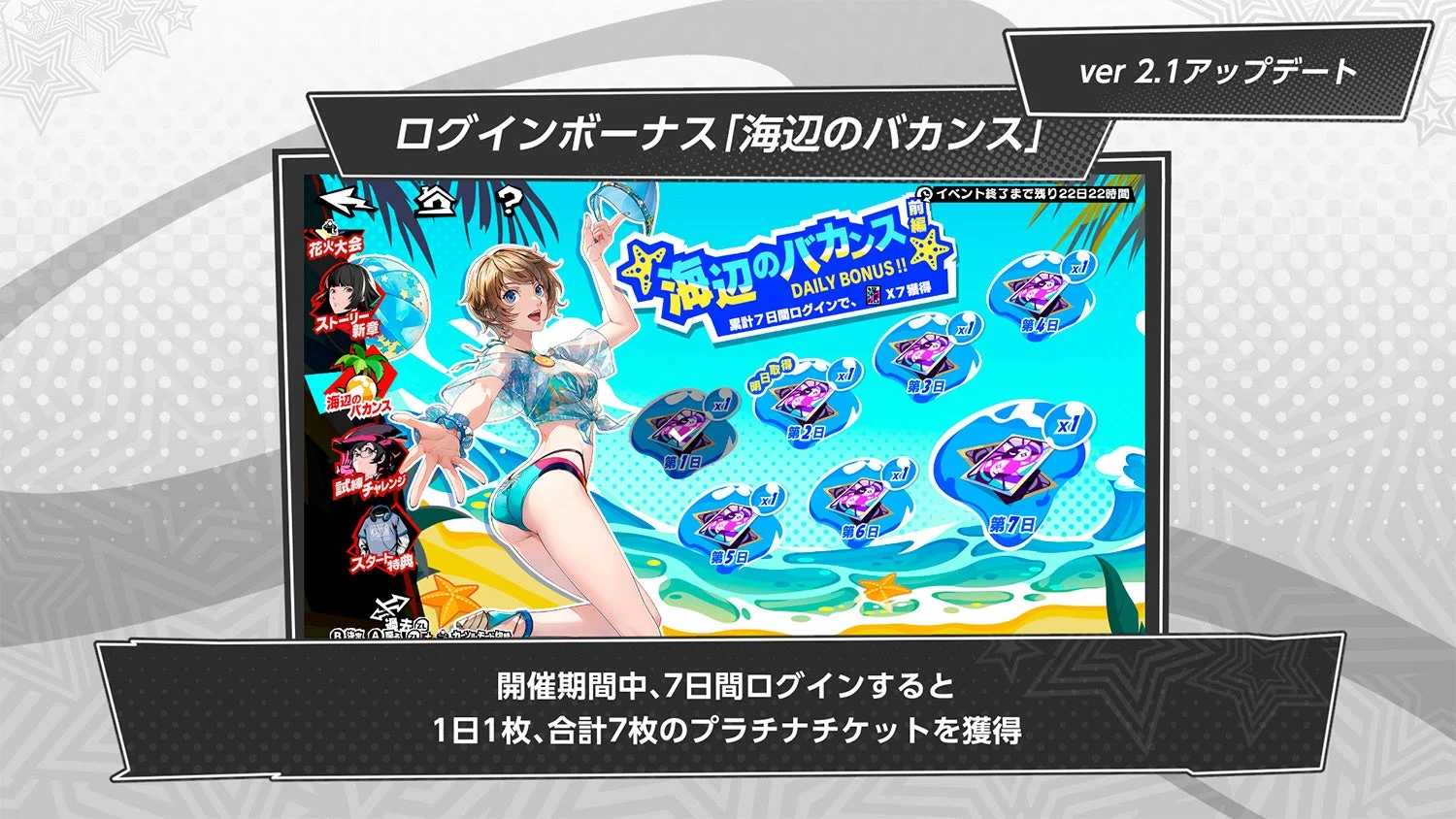 ログインボーナス「海辺のバカンス・前編」の報酬画面