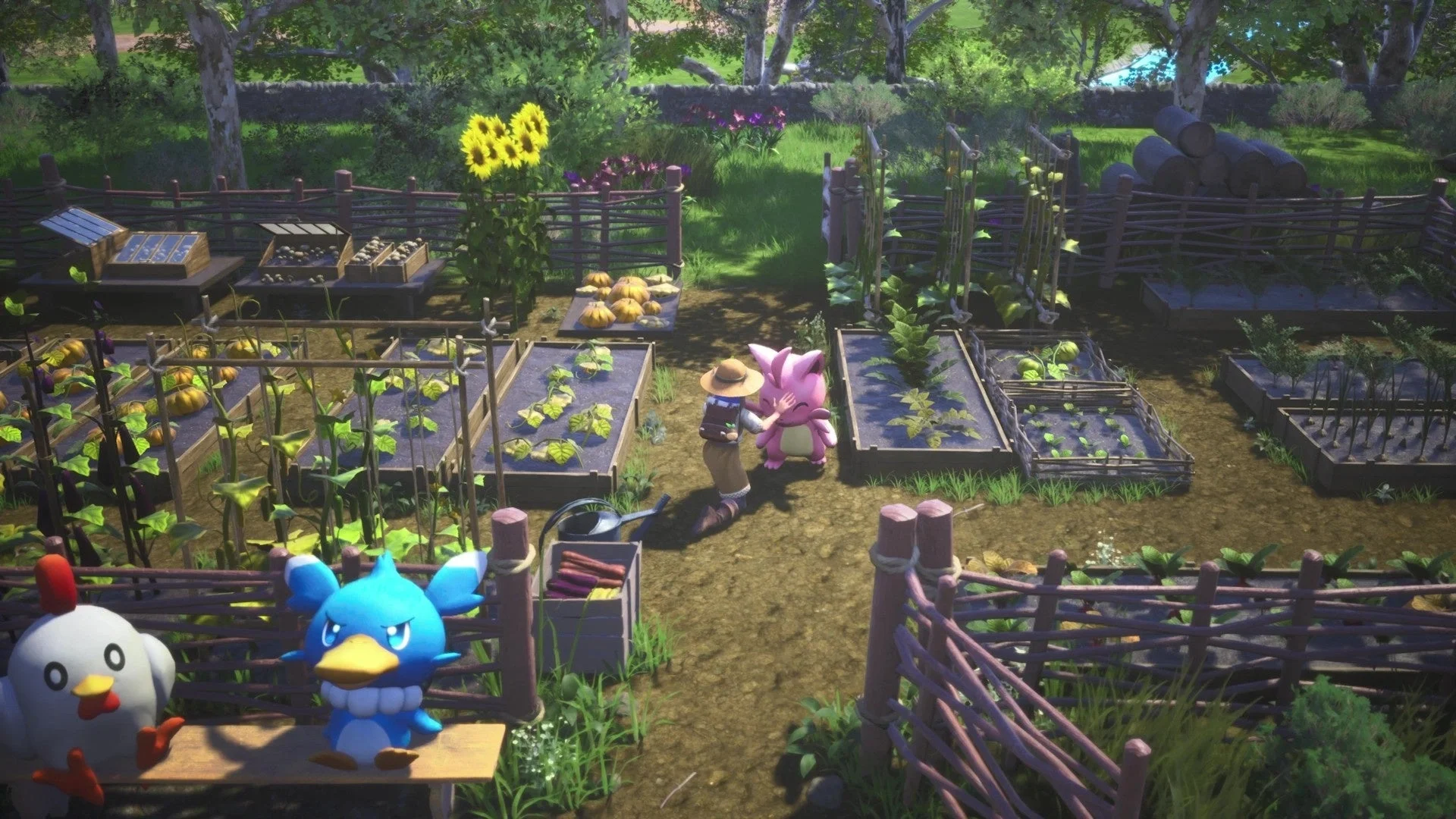 Palworld Palfarmでプレイヤーがパルと農作業をする様子