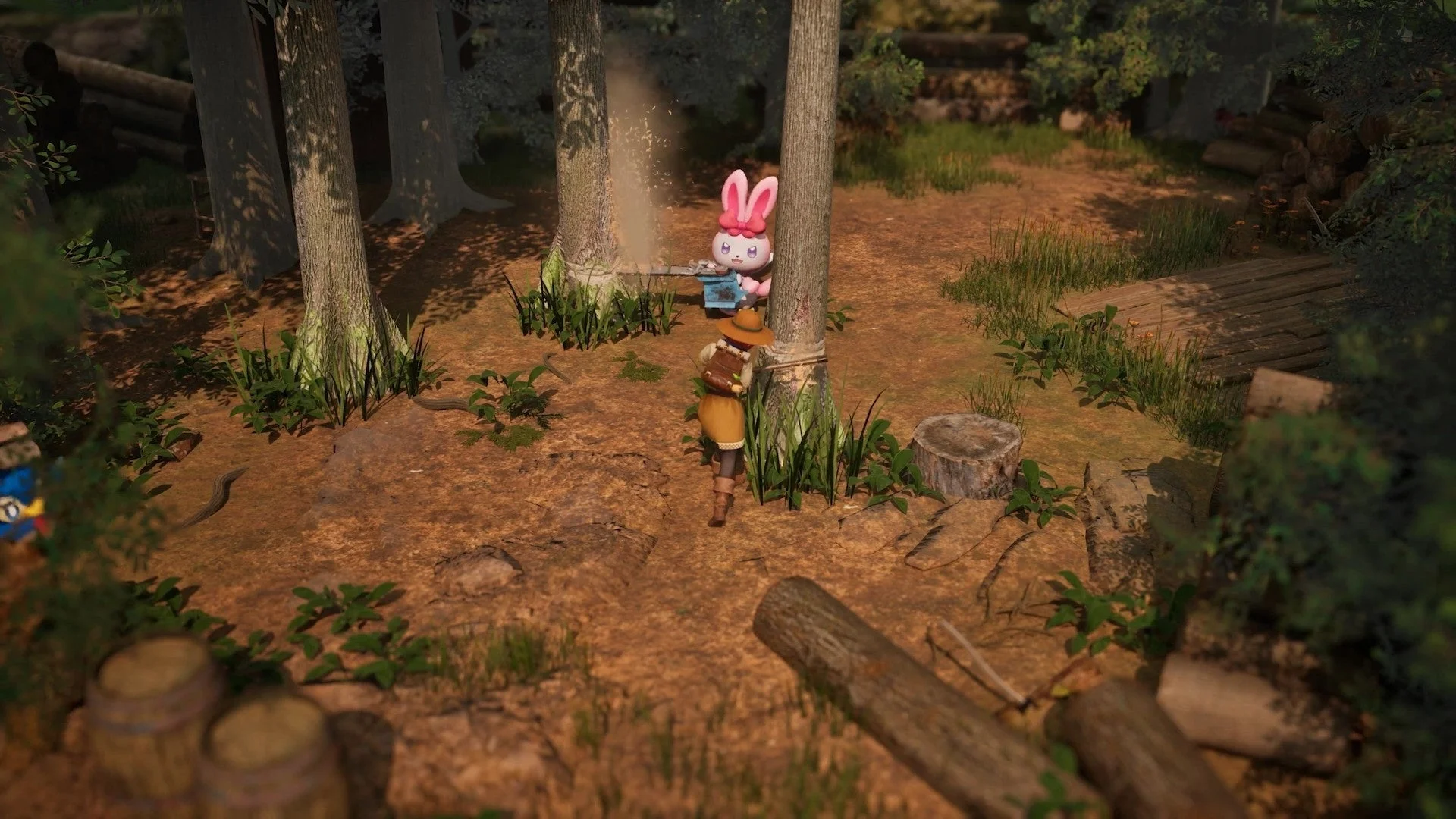 Palworld Palfarmでパルが木を伐採する作業風景