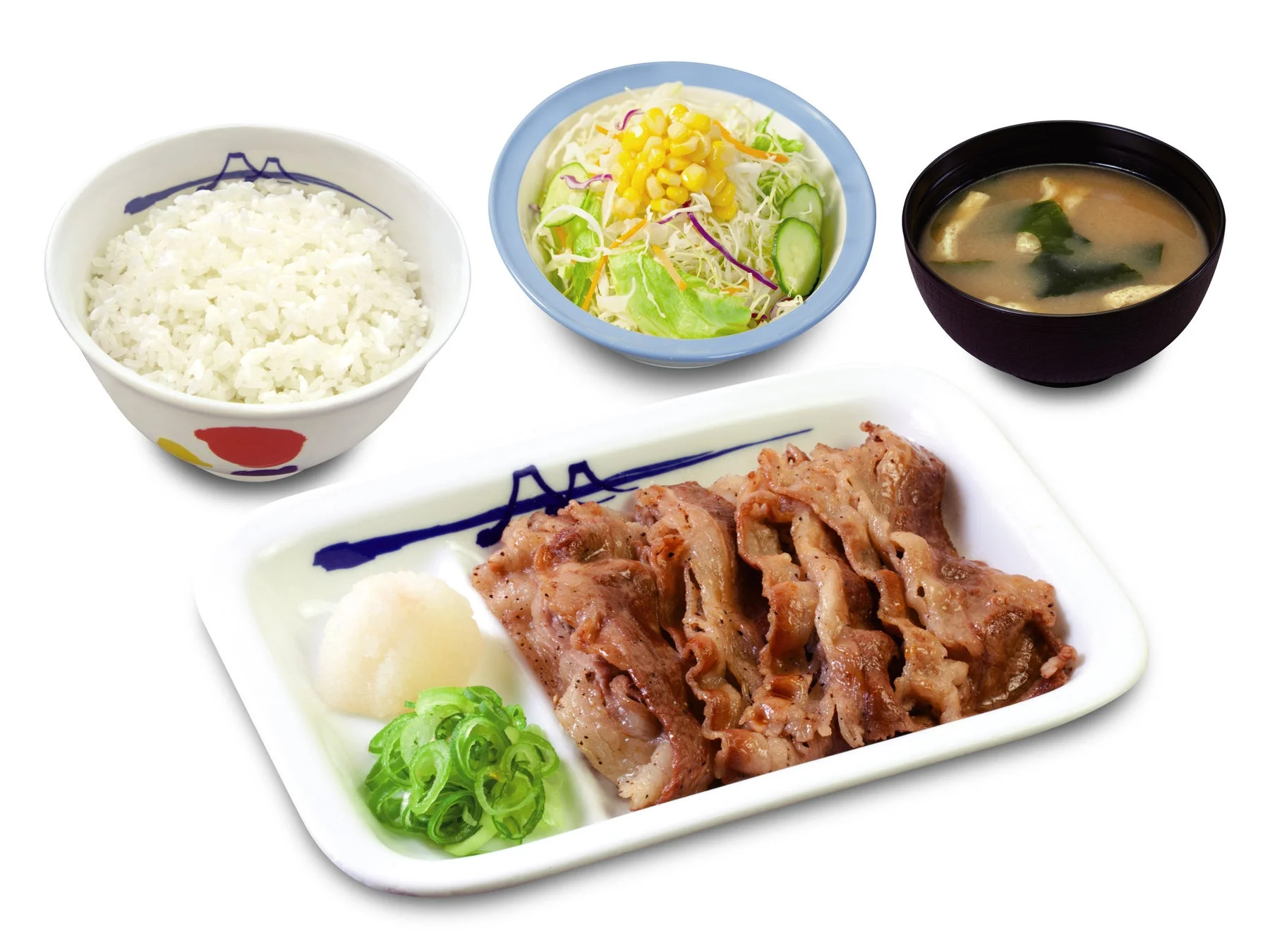 松屋の定食とご飯、サラダ、味噌汁