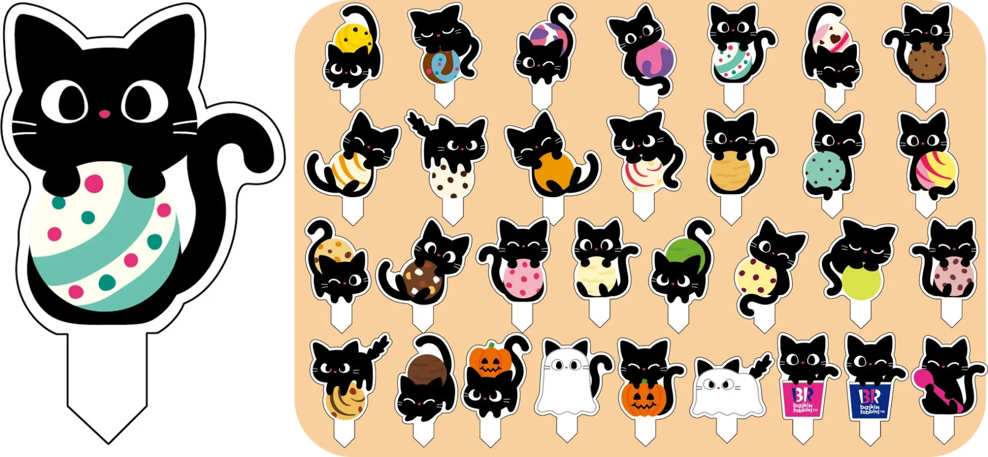 サーティワン「にゃブルカップ」にランダムで飾られる31種類の黒ねこピック