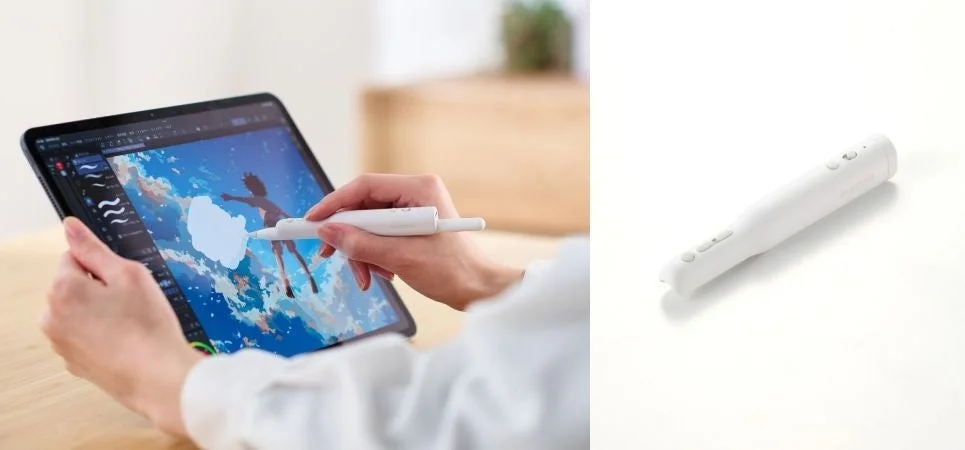 Apple Pencil用ショートカットグリップの使用風景と本体