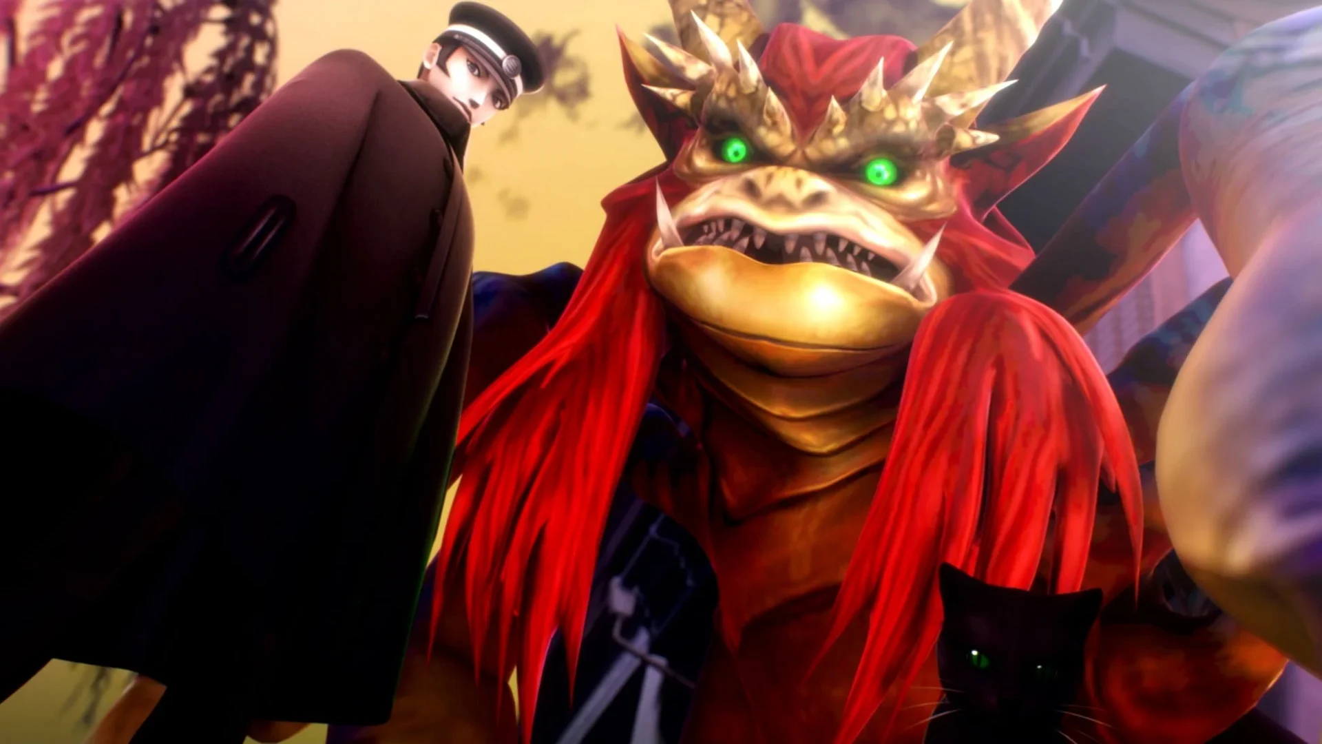 『RAIDOU Remastered: 超力兵団奇譚』の葛葉ライドウと巨大な悪魔が対峙するゲーム画面。