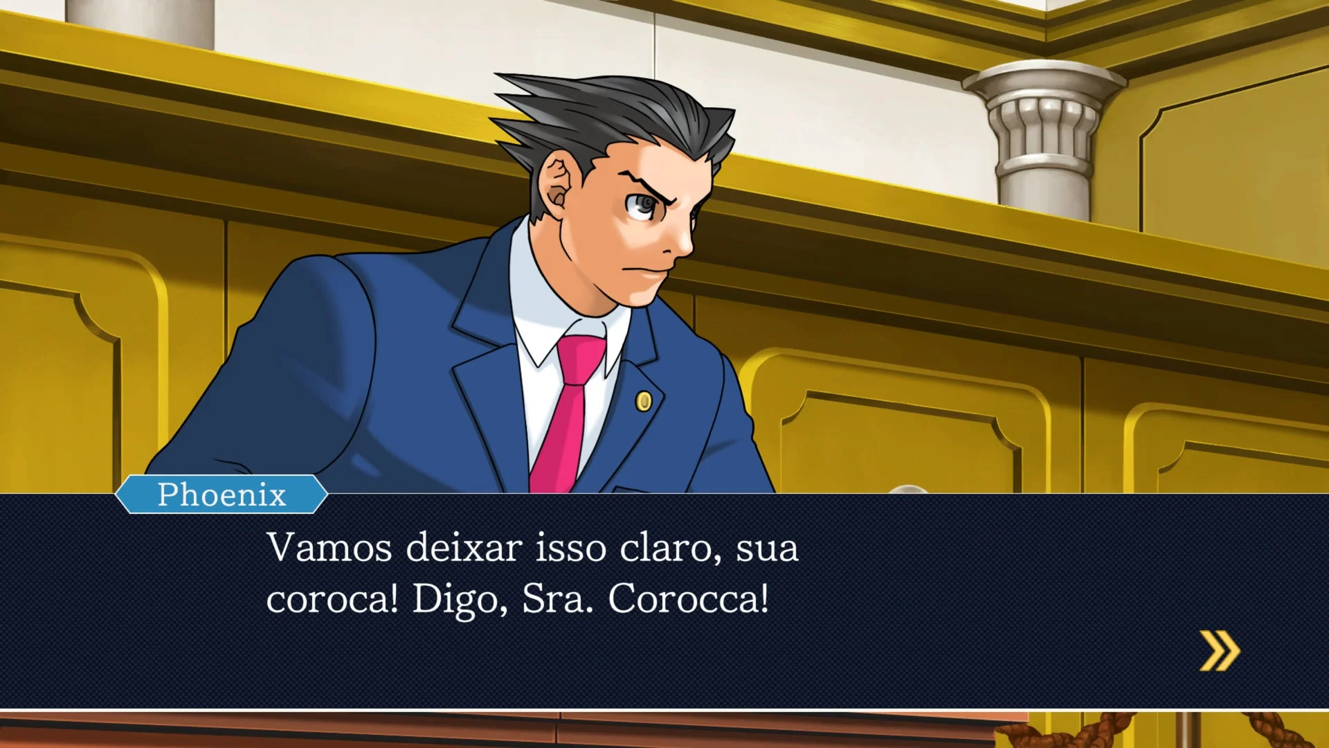 成歩堂のセリフがブラジルポルトガル語で表示されているゲーム画面