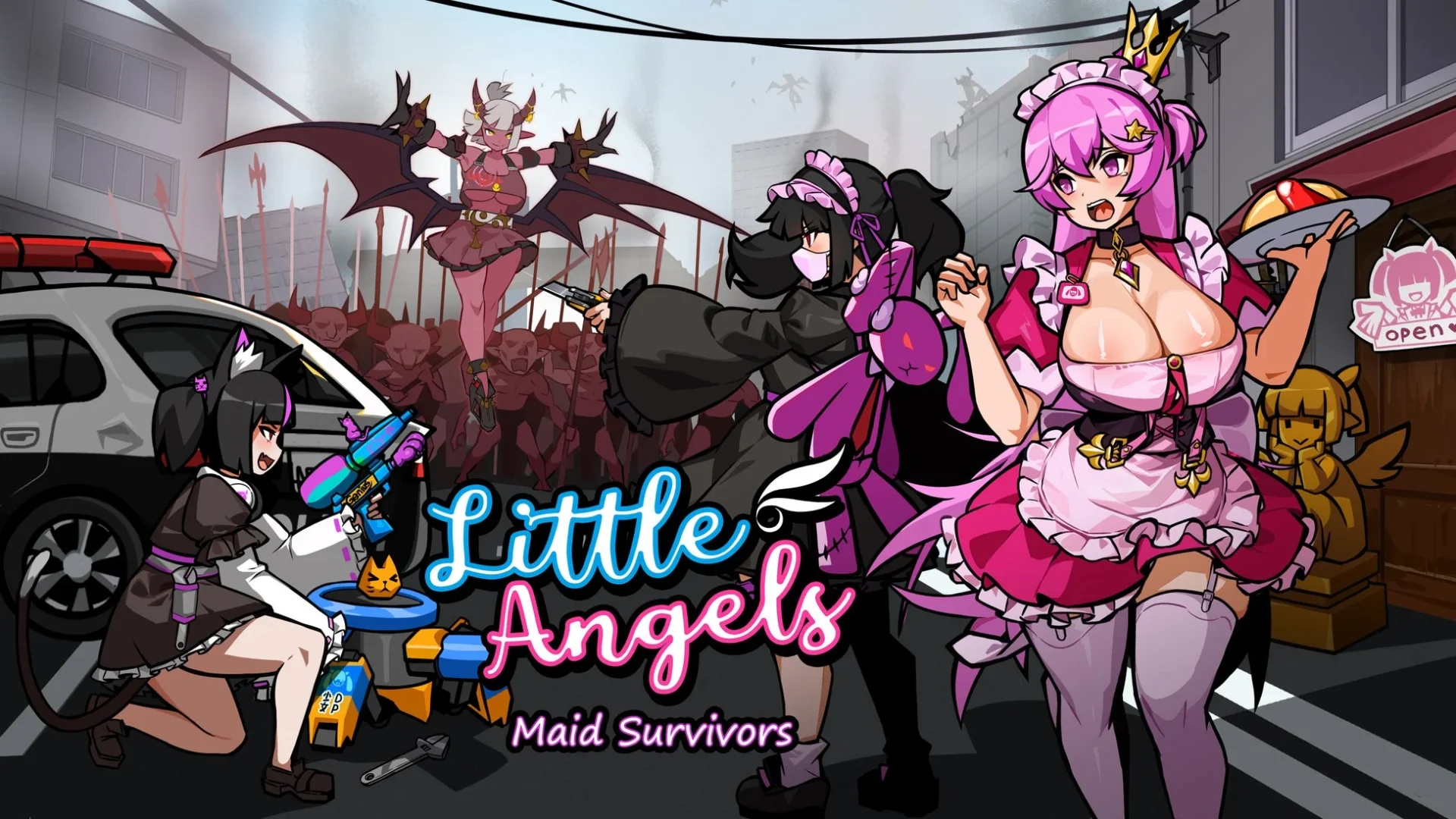 メイドサバイバー：リトルエンジェル。メイドたちが戦うゲーム画面。