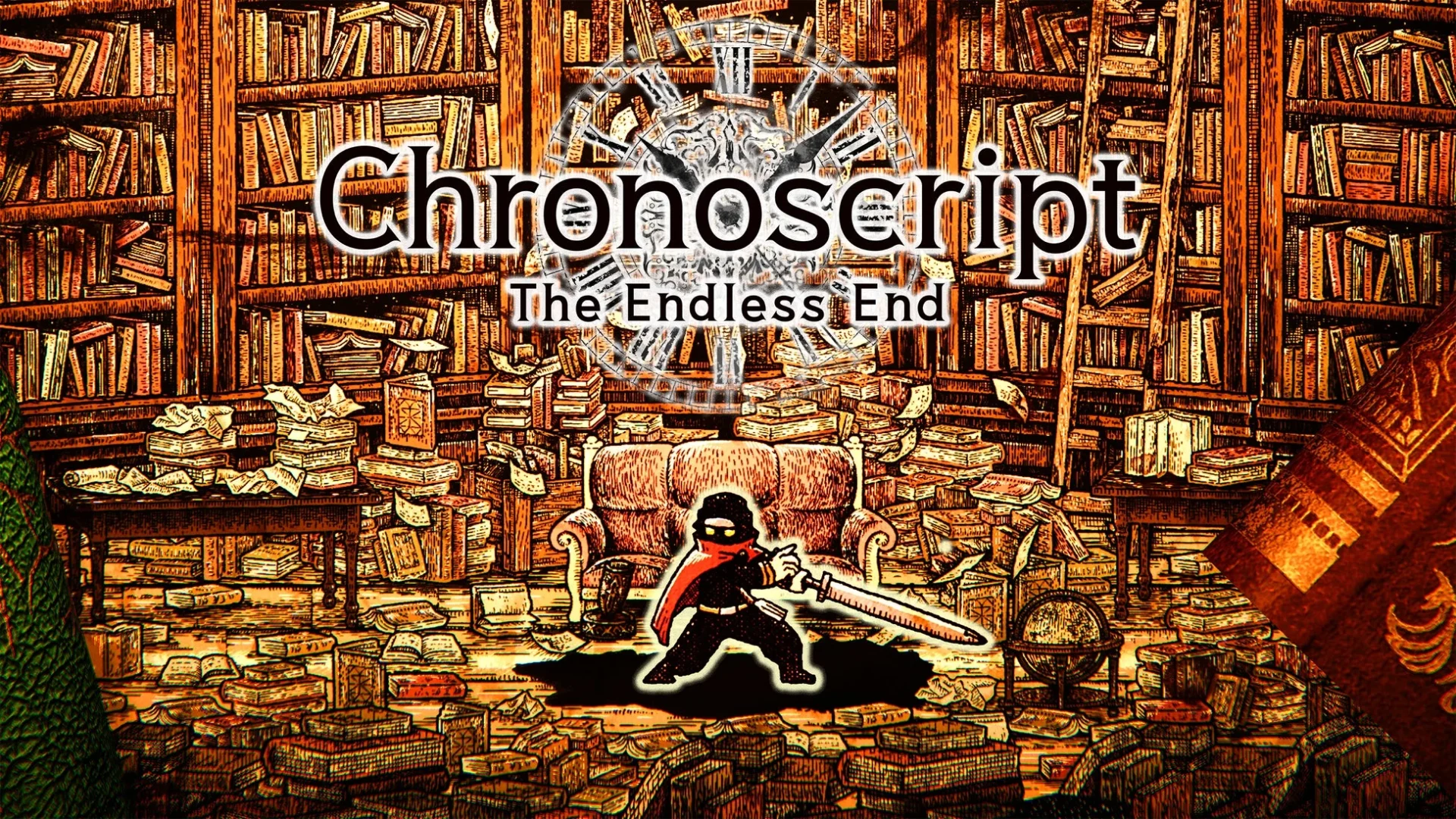 『Chronoscript: The Endless End』のタイトルロゴとゲームのメインビジュアル。