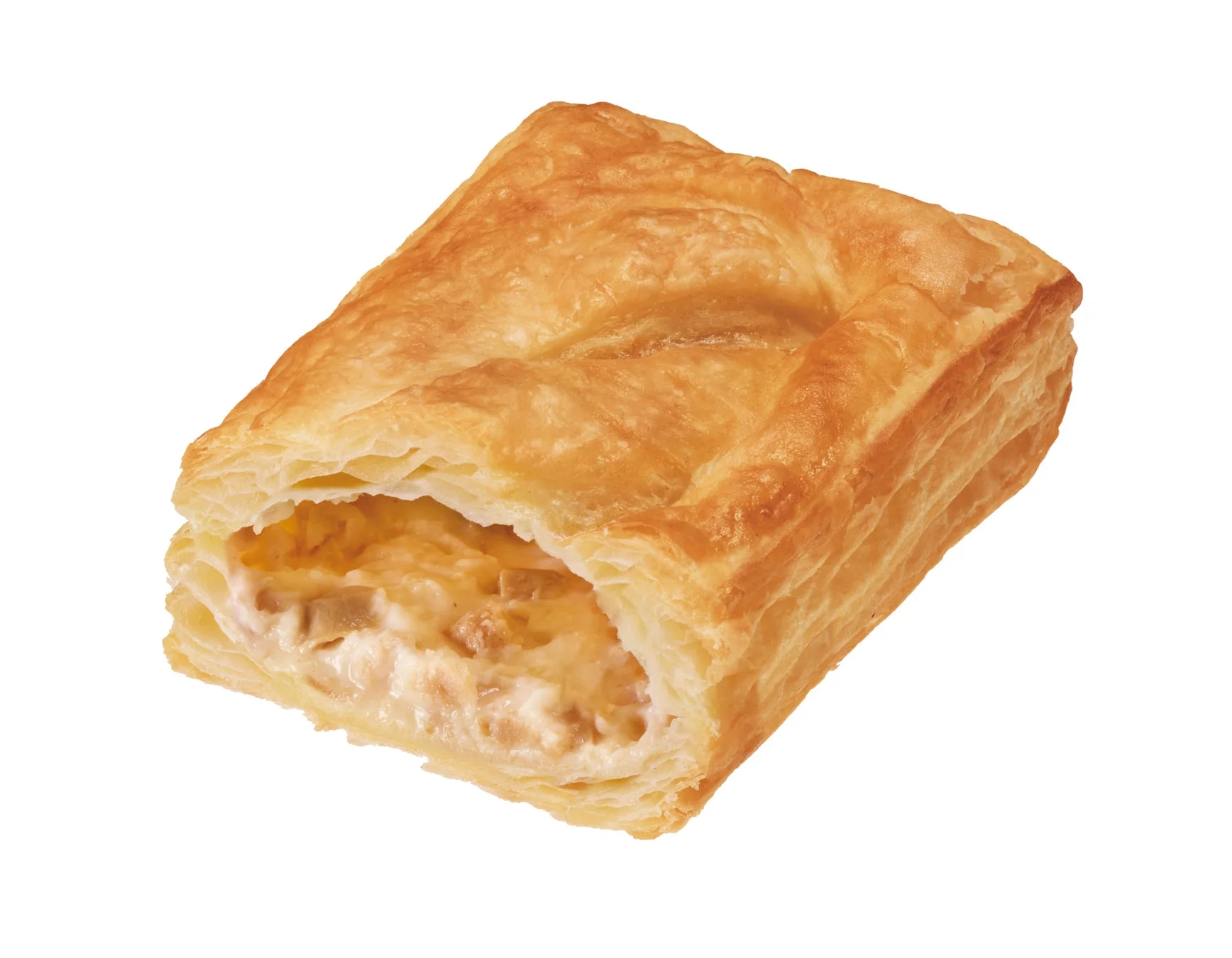断面からきのことチキンのクリームシチューが見えるクリーミーパイ