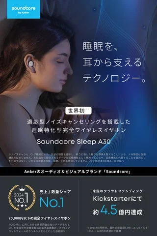 Soundcore Sleep A30のメインビジュアルとAnker Soundcoreブランドの実績
