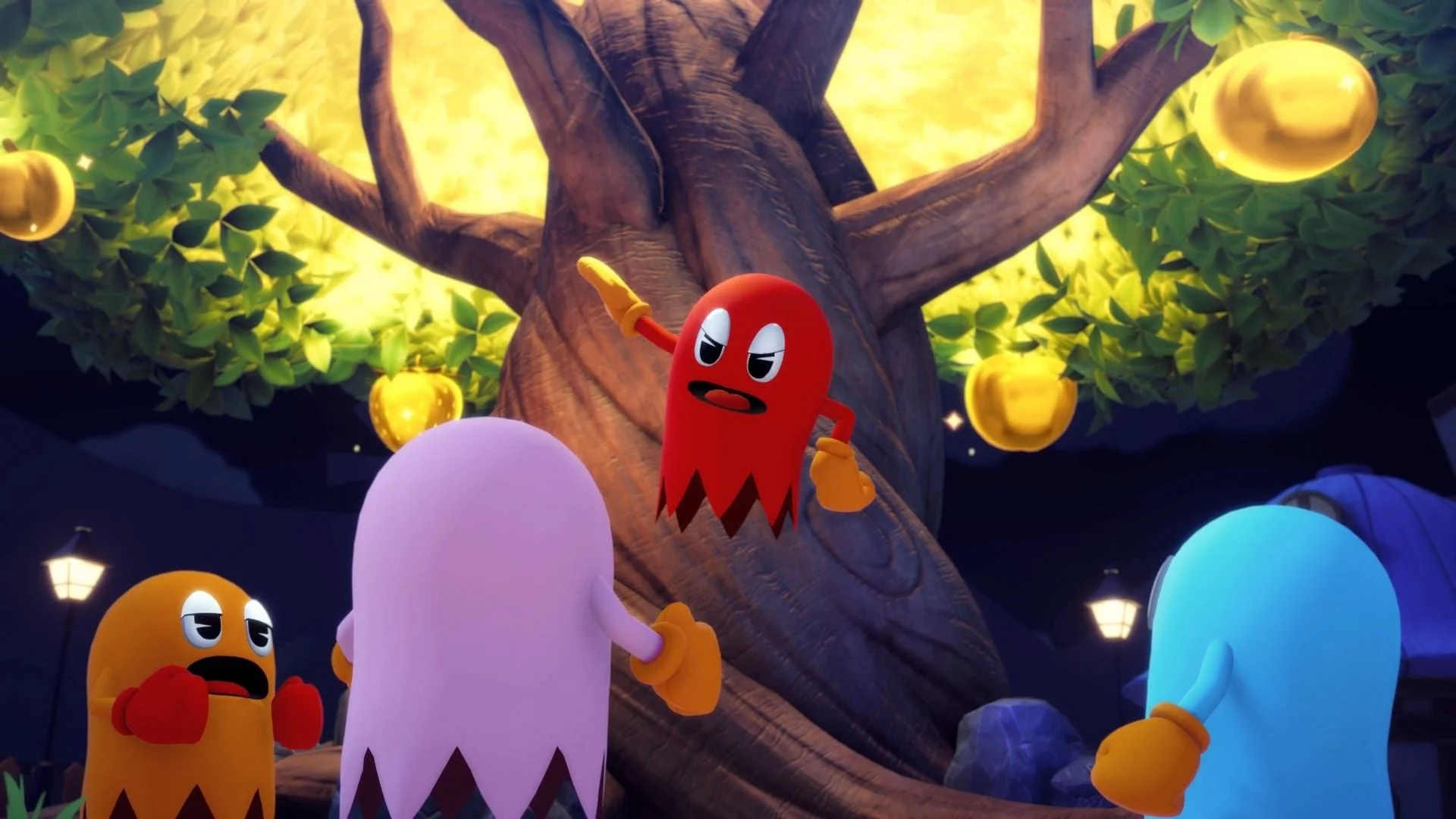 ゴーストたちがゴールデンフルーツを奪う、『パックマンワールド2 リ・パック』のゲーム内イベントシーン。