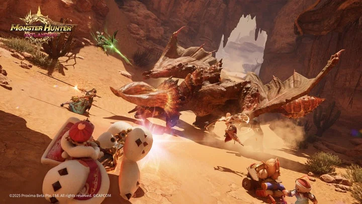 砂漠で大型モンスターを狩るハンターとオトモ