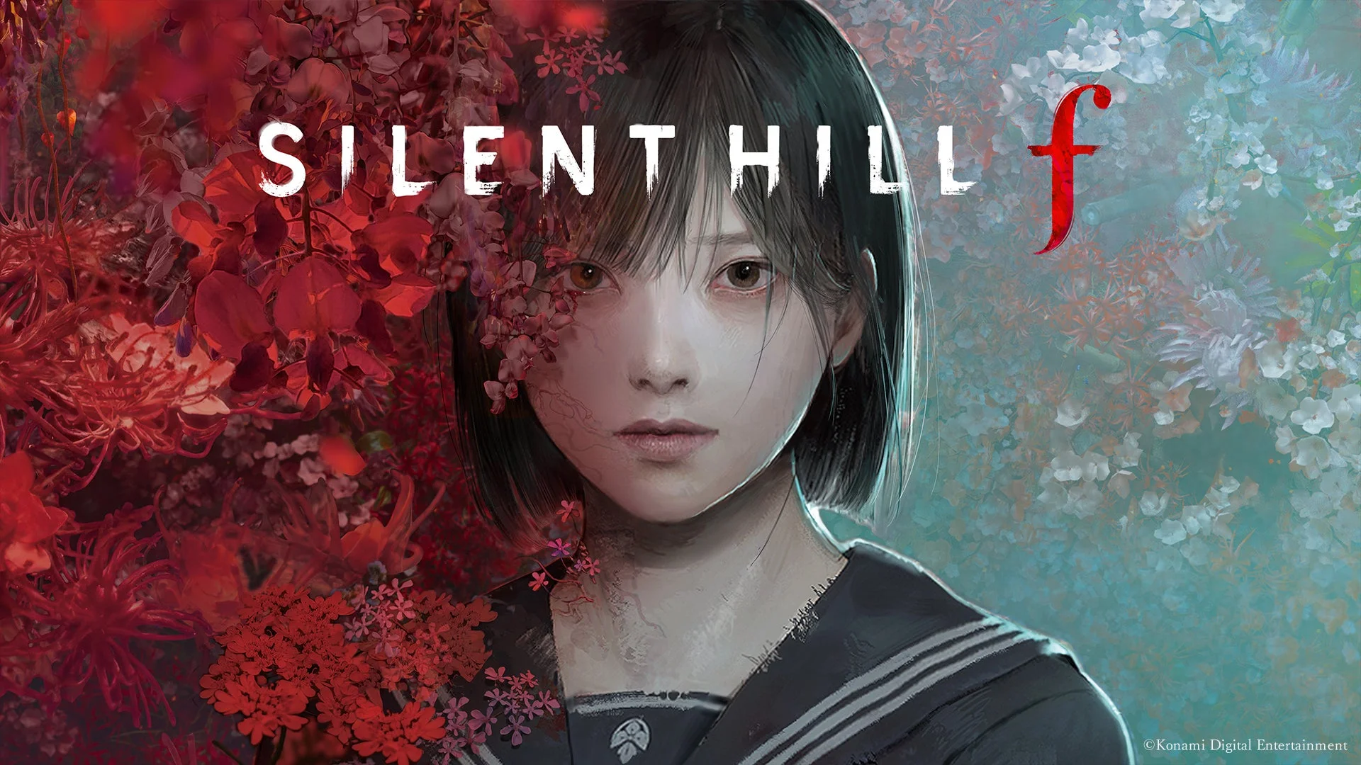 SILENT HILL fのキービジュアル。少女と赤い花