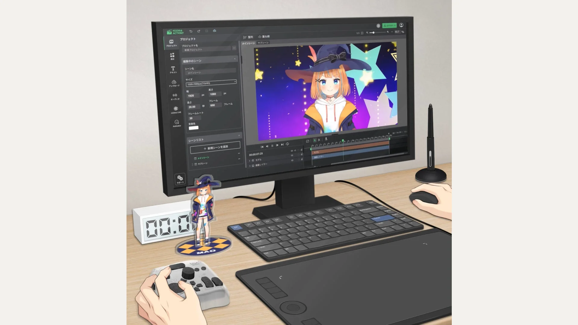 TourBoxを操作してnizima ACTION!!でLive2Dモデルを編集するクリエイティブ作業風景。