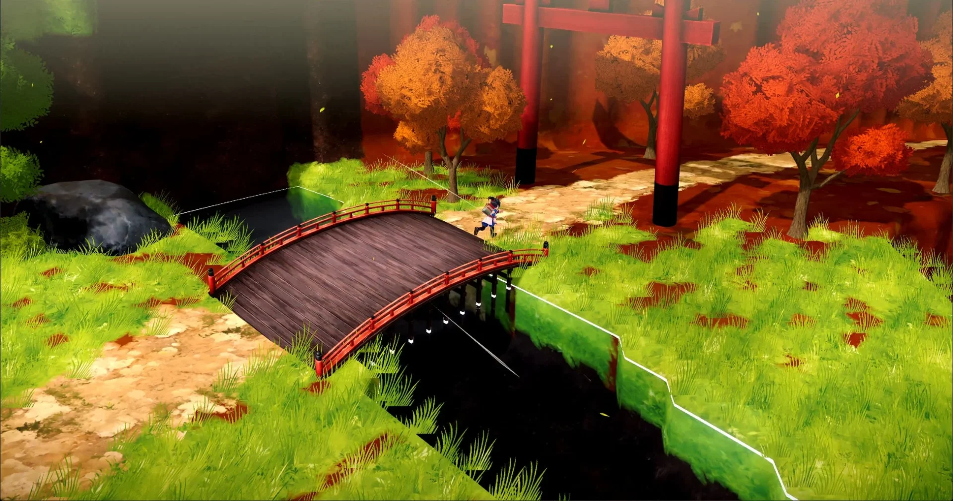 紅葉に彩られたゲーム内マップを少年が走る風景