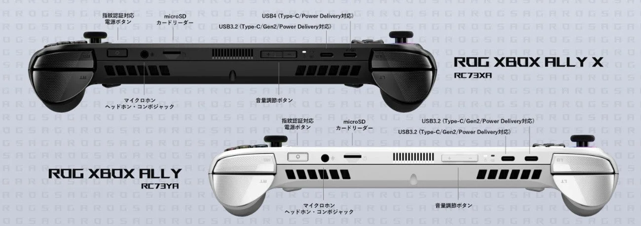 ROG Xbox AllyとAlly Xの側面インターフェース比較図