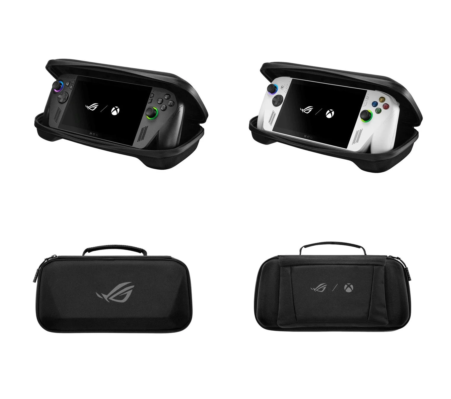 ROG Xbox Ally (2-in-1) Premium CaseにAllyとAlly Xを収納した状態とケース外観