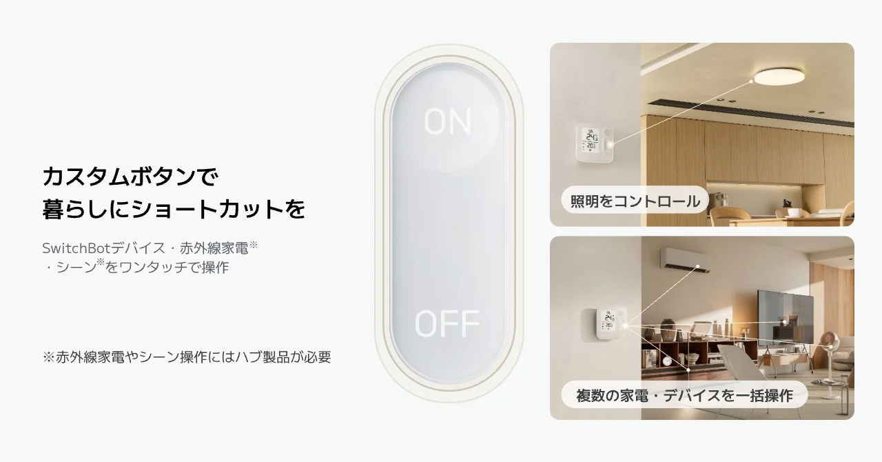 カスタムボタンで照明や複数の家電を一括操作する様子。