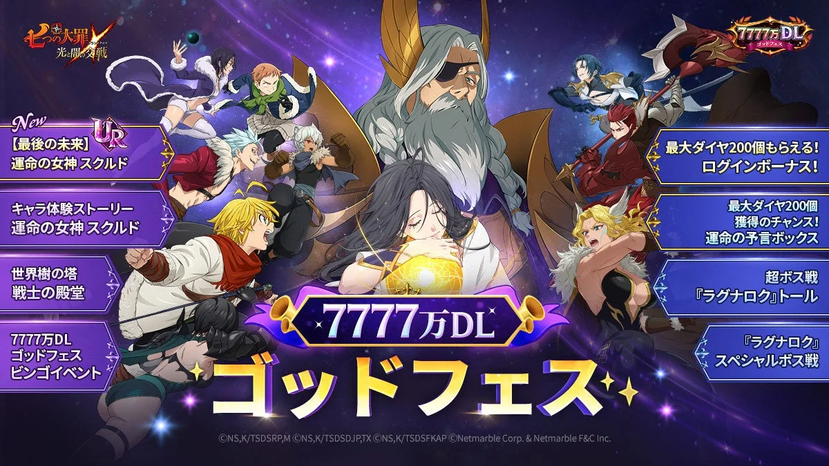 7777万DLゴッドフェスのメインビジュアル。新キャラやイベント内容を告知。