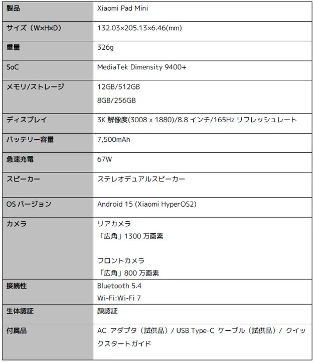 Xiaomi Pad Miniの主要な製品仕様一覧表